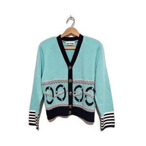 Vintage San Remo Knits Aqua Nautical Cardigan Sweater Button Front M Petite